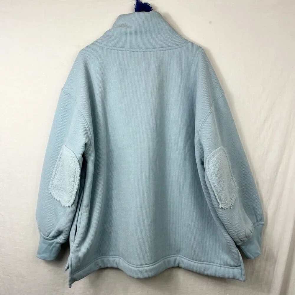 NEW Free People Mia Henley Sweatshirt Blue Womens XL Shawl‎ Collar Fleece Cozy